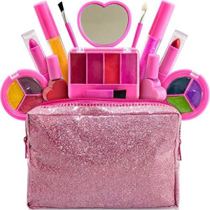 Kids Makeup Kit For Girl - 13 Piece Washable Kids Makeup Set  My First Princess Make Up Kit Includes Blush, Lip Gloss, Eyeshadows, Lipsticks, Brushes, Mirror Cosmetic Bag Best Gift For Girls Original