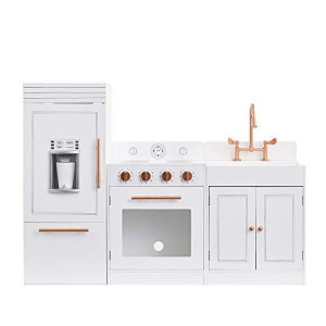 Teamson Kids Little Chef Paris White Play Kitchen with Pretend Ice-Maker, Modular Design, & Storage Space, Wood Play Kitchen Set for Toddlers, White/Rose Gold