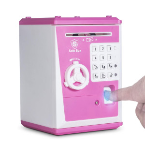 LIKE Toy Piggy Bank Safe Box Fingerprint ATM Bank ATM Machine Money coin Savings Bank for Kids Pink