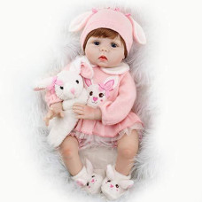 Aori Reborn Baby Dolls Lifelike Newborn Girl Doll 22 Inch Pink Reborn Toddler with Bunny Set for Girls Age 3