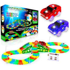 USA Toyz Glow Race Tracks and LED Toy Cars - 360pk Glow in The Dark Bendable Rainbow Race Track Set STEM Building Toys for Boys and Girls with 2 Light Up Toy Cars