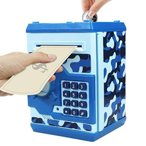 HUSAN Great Gift Toy for Kids Code Electronic Piggy Banks Mini ATM Electronic Coin Bank Box for Children Password Lock Case (Camouflage Blue)