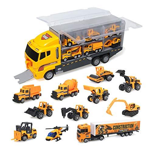 zoordo Construction Truck Toys Sets,11 in 1 Mini Die-Cast Truck Vehicle Car Toy in Carrier Truck,Gifts for 3 + Years Old Kids Boys Girls