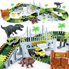 Dinosaur Toys-187 Pcs Create A Dinosaur World Road Race-Flexible Track Playset & 2 Pcs Cool Dinosaur Car for 3 4 5 6 Year & Up Old Boy Girls Best Gift
