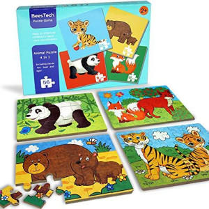 BEESTECH Elementary Jigsaw Puzzles for Toddlers 2?3?4 Years Old, Toddler Animal Puzzles 4 Pack with Panda, Bear, Fox, Tiger, Early Educational Learning Puzzles for Kids, Boys and Girls