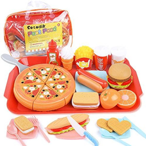 Sotodik 32PCS Play Food Pretend Play Fast Food Toys Set Cutting Pizza Hamburger Fruit Playset for Toddler Kid Boys Girls Toys(Single Tray)