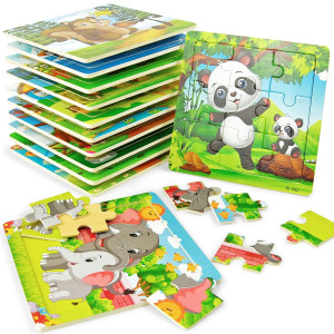 Vileafy 12 Pack Small Animals Puzzles for Kids Ages 3-5 Years Old - Wooden Toddlers Puzzles 9 Pieces for Back-to-School gifts, Party Toys for Boys and girls