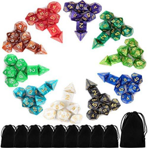10 X 7 Polyhedral Dice Set (70 Pieces) for Dungeons and Dragons DND RPG MTG Table Games D4 D6 D8 D10 D% D12 D20 with 10 Pack Black Bags, 10 Colors