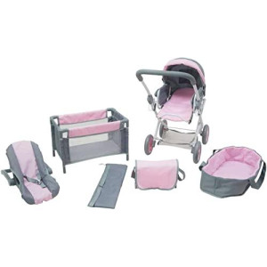 KOOKAMUNGA KIDS 5 Pc Baby Doll Stroller Set - Baby Doll Accessories - Baby Doll Playset w/ Doll Crib Stroller Car Seat - Playpen - Carry Cot - Diaper Bag - Ages 3+ - Deluxe Grey / Pink