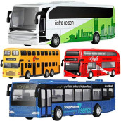 Geyiie Bus Toys Cars Set, Kids Die-Cast Metal Cars for Boy Girls 3-8 Years Old Pull Back Car City Bus 1:80 Scale Double Decker London Vehicles, Friction Powered Cars Play Toys Gift, 4 Pack