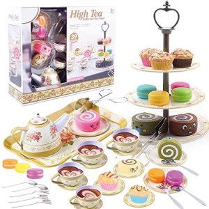 Tea Set for Little Girls Pretend Play Tea Party Set for Toddlers Princess Tea Time, 39 Pcs Kids Tin Tea Set Cups, Teapot, Plastic Cakes 3 Tier Cake Stand Gift Toys for Girls Age 3-4 Years