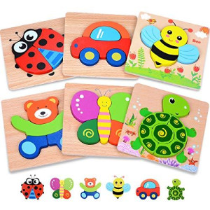 Playtime by Magifire Wooden Puzzles for Toddlers Set of 6: Early Developmental STEM Toy for Babies Aged 1-3 Years; Ladybug, Car, Bee, Teddy Bear, Butterfly, Turtle