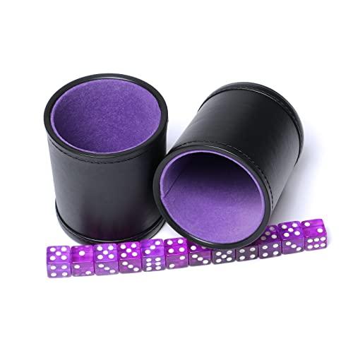 Pu Leather Dice Cup Purple Felt Lined Includes 16mm Dice for Yahtzee Farkle Bar Party Family Dice Games, 2 Pack