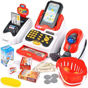 Victostar Toy Cash Register for Kids with Checkout Scanner,Fruit Card Reader, Credit Card Machine, Play Money and Food Shopping Play Set