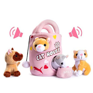 Talking Plush Creations Plush Cat House for Kids Includes Plush Cat House Carrier with 4 Soft Stuffed Talking & Meowing Kittens & A Cat Plush Milk Bowl Best Interactive Toy for Babies Or Toddlers