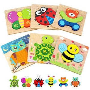 Toddler Puzzles, Wooden Jigsaw Animals Puzzles for 1 2 3 Year Old Girls Boys Toddlers, Educational Preschool Toys Gifts for Colors & Shapes Cognition Skill Learning