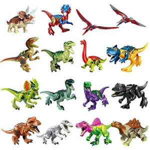 Odowalker Jurassic Dinosaur Toys Assembled Puzzle Small Particle Building Blocks Carnivorous Herbivorous Mini Dinosaur Large Collection 16pcs Removable Chin Wings and Tail