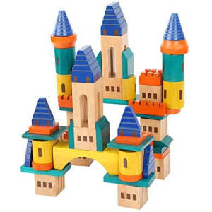 Wooden Castle Building Blocks Set, Big Solid Beech Wood Toddlers Stacking Block Toy, Kids Construction Playset for Boys Girls 69 Pieces Set