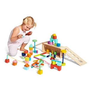 The Block Set by Lovevery - Solid Wood Building Blocks and Shapes + Wooden Storage Box, 70 Pieces, 18 Colors, 20+ Activities