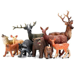 Woodland Animals Figurines Toys, 10 Piece Realistic Plastic Wild Forest Animals Figures with Elk, Wolf, Brown Bear, Raccoon, Lynx, Deer Figurines Playset Cake Toppers for Kids Children Toddlers