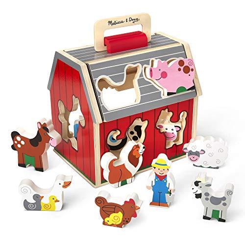Melissa & Doug Wooden Take-Along Sorting Barn Toy with Flip-Up Roof and Handle 
