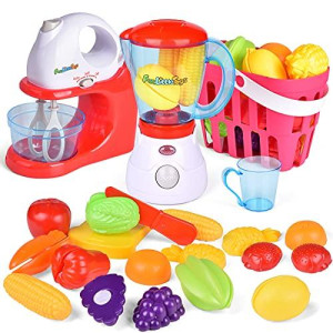 FUN LITTLE TOYS Kids Play Kitchen, Pretend Play Set with Mixer, Blender, Play Foods and Play Kitchen Accessories, Christmas Learning Gift for Girls Boys