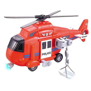 Vokodo Fire Rescue Helicopter 11" With Lights Sounds Push And Go Includes Cargo Basket Durable Kids Firefighter Friction Chopper Toy Pretend Play Airplane Truck Great Gift Children Boys Girls Toddlers