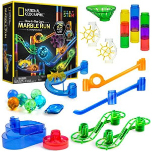 NATIONAL GEOGRAPHIC Glowing Marble Run  Expansion Pack with 5 Glow in The Dark Glass Marbles, 20 Construction Pieces, UV Light Key Chain, Great Creative STEM Toy for Girls and Boys