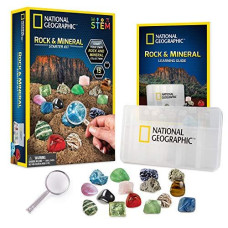NATIONAL GEOGRAPHIC Rocks and Minerals Education Set  15-Piece Rock Collection Starter Kit with Tigers Eye, Rose Quartz, Red Jasper, and More, Display Case and Identification Guide
