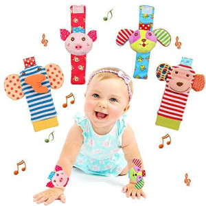 Soft Baby Rattle Toys Foot Finder Socks Wrists Rattles, Ankle Leg Hand Arm Bracelet Activity Rattle, Present Gift for Newborn Infant Babies Boy Girl Bebe 4pcs