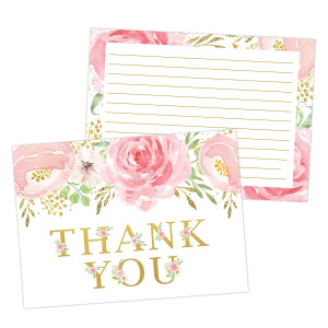 Pink and gold Floral Thank You cards, great for Baby Wedding Bridal Shower, Birthday, Baptism, Any Occasion, 50 Thank You cards and Envelopes