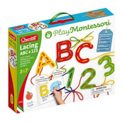 Quercetti Play Montessori Toys - Lacing ABC + 123 - 53-Piece Set Includes Numbers, Letters, Laces and Coloring Book to Help Kids Develop Early Language and Fine Motor Skills, for Ages 3-7 Years