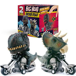 DINOBROS Dinosaur Toy Cars 2 Pack Friction Powered Motorcycle Game T-Rex and Triceratops Monster Dino Toys for Boys Age 3,4,5,6,7