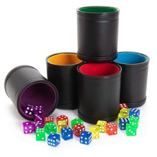 game Night Pack, Assorted colors - 5 Professional Shaker cups with Velvet Felt-Lined Interior, Quality Bicast Leather Exterior & 25 Multicolored Translucent Dice - Red, Yellow, green, Blue, & Purple
