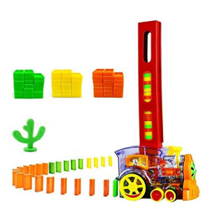 Ruutcasy Domino Train Toy Set with 80 PCS Domino Blocks Automatic Domino Laying Train with Light and Sound Kids Electric Stacking Toys Gift for Girls Boys