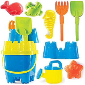 Prextex 10 Piece Beach Toys Sand Toys Set for Kids, Bucket with Sifter, Shovel, Rake, Watering Can, 5 Animal and Castle Sand Molds for Kids & Toddlers