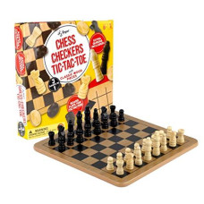 Regal Games - Reversible Wooden Board for Chess, Checkers & Tic-Tac-Toe - 24 Interlocking Wooden Checkers and 32 Standard Chess Pieces - for Age 8 to Adult for Family Fun