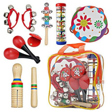 Kids Musical Instruments Set, Baby Musical Toys Percussion Drum Wood Tambourine, Rainmaker, Maracas for Girls Gifts Preschool Education Learning with Storage Bag (Red)