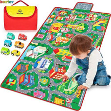 beetoy Car Rug Play Mat, Car Mat for Kids Toy Cars, Car Play Rug Toy Car Mat Large Car Play Mats for Kids City Life Race Car Track Rug Portable Anti-Slip Educational Rug with Roads for 6 Toy Cars