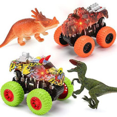 Monster Truck Toy Set | 2 Dinosaur Trucks + 2 Realistic Toy Dinosaurs | Red LIGHTS & Roaring SOUNDS - MOBIUS Friction Powered Push & Go Playset Up to 30 METERS for Boys and Girls 3 4 5 6 7 8 Years Old