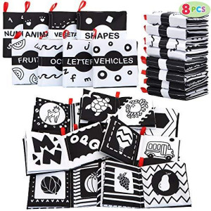 JOYIN 8Pcs Baby Soft Books, Black and White High Contrast Crinkly Cloth Infant Books, Nontoxic Fabric Waterproof Newborn Toys, Toddler Educational Learning Toys Perfect for Baby Shower Birthday Gifts