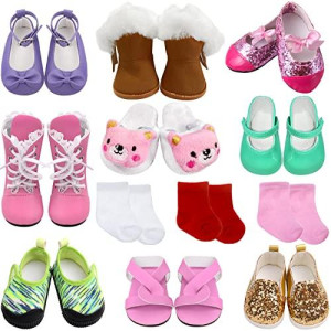 Spofew 12 PCS 18 Inch Dolls Shoes Set, 9 Pairs Shoes and 3 Pairs Socks for 18 Doll Shoes and Accessiories Includes Snow Boots, Leather Shoes, Sandals, Slipper