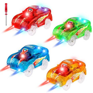 4Pcs Tracks Cars Replacement Only, Light Up Magic Cars for Tracks Compatible with Glow in The Dark Toy Cars with 5 LED Flashing Lights for Most Race Tracks Only Toy Cars Track Car Accessories