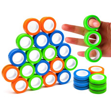 Kicko Magnetic Fidget Rings - 18 Pack - Neon Blue, green, Orange - Bulk Magic Spinning Sensory Toy for Kids, Boy or girl, Birthday Party, classroom, Learning Motor Skills, colorful Focus game