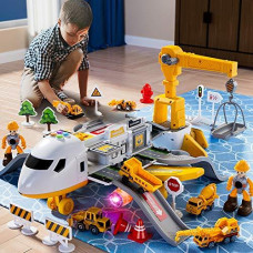 25 Pack Transport Construction Airplane Toy Play Vehicles Set for Kids Gifts, with 6 Construction Die-cast Toy Truck, 11 Road Signs-Suitable for 3 4 5 6 Year Old Boys and Girls