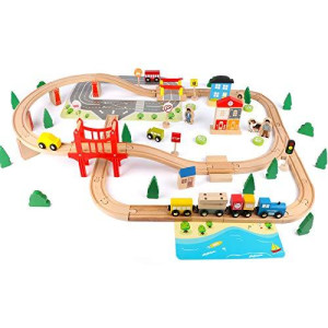Gemileo Train Set 92 Pieces Wooden Trains Track Set for Kids, Toddler Boys and Girls 3,4,5 Years Old and Up Premium Wood Construction Toys
