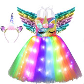Soyoekbt girls Unicorn costume LED Light Up Unicorn Princess Tutu Dress for Birthday Party Halloween with Headband Wing
