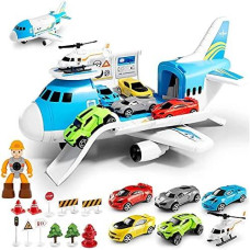 Airplane Toy Set Transport Cargo Plane Play Toy Gift for 3 4 5 6 Years Old Boys Girls Kids,Aircraft Vehicle Toys with 5 Mini Cars,Helicopter and Construction Worker