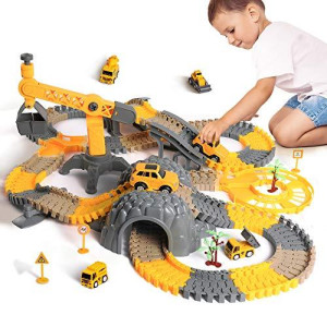 TUMAMA 258pcs Construction Race Track Vehicle Toys for Boys and Girls with 2 Electric Cars,STEM Building Bendable Race Cars Trucks Track Sets for Toddlers 3 4 5 6 Years Old