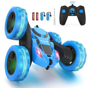 Hamdol Remote Control Car Double Sided 360Rotating 4WD RC Cars with Headlights 2.4GHz Electric Race Stunt Toy Car Rechargeable Toy Cars for Boys Girls Birthday (Blue)